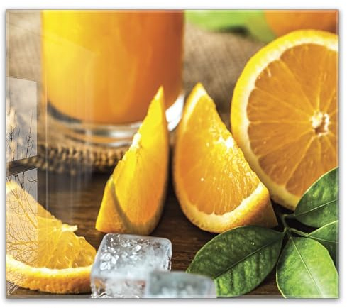 Herdabdeckplatte 60x52 cm einteilig aus 4mm ESG Glas | Frische Orangen Orangensaft, Eiswürfel | Herd Abdeckung Abdeckplatte Induktion Schneidebrett Glasplatte für Ceranfeld