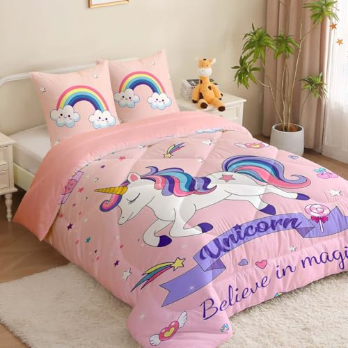MUSOLEI Couette 140x200 Enfant Licorne Fille Couette 1 Personne 3D Imprimée 4 Saisons pour Lit 90x190 avec 2 Taies d'oreiller 65x65cm
