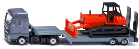 Siku 1762, MAN LKW mit Tieflader und Planierraupe, 1:87, Metall/Kunststoff, Rot/Grau, Spielzeug-Set, Abkoppelbarer Tieflader, Bewegliches Räumschild