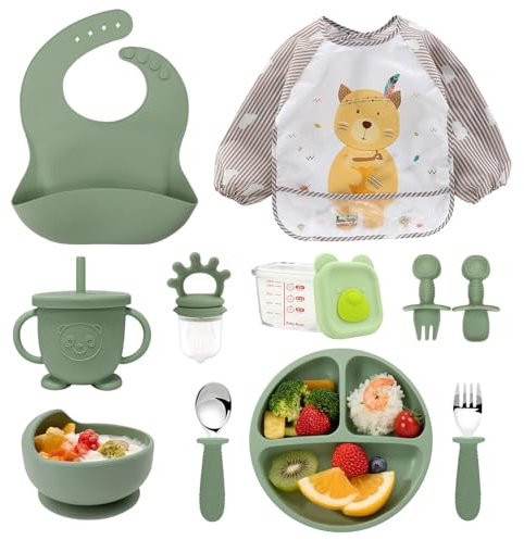 Cubiertos Bebe,Vajilla Bebe Silicona, Juego de 11 Piezas Platos Bebe con Ventosa, Platos Bebe con Ventosa, Cubiertos Bebe para comer destete, Sin BPA, Con Baberos de manga larga Taza Plato Cuenco