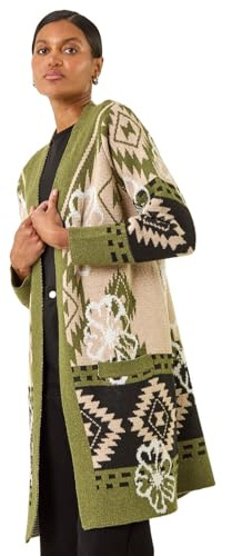 Roman Originals Women Cardigan - Ladies Longline Coatigan Tassel Open Front Cardi Winter Autumn Casual Textured Edge to Edge Yarn Patterned Comfy Work Going Out - Olive - Size 20