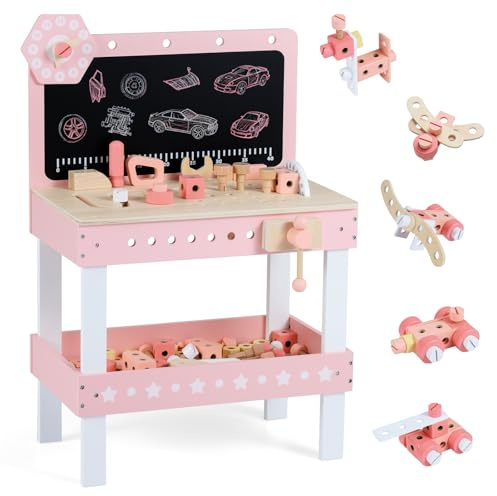 COSTWAY Wooden Kids Workbench, Children's Tool Bench with Play Tools Set, Blackboard, Rotatable Clock & Storage Shelf, Toddlers Construction Pretend Role Play Set for Ages 3 + (Pink)