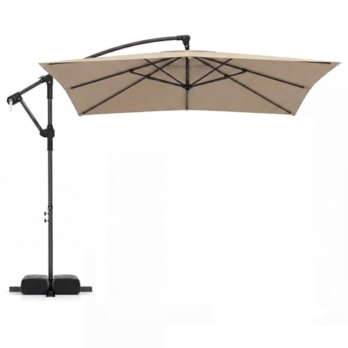 COSTWAY Sombrilla Terraza Exterior con Base, Parasol Excentrico con 8 Varillas de Metal, Rotación de 360°, Manivela, Base en Cruz y Sacos de Arena, Sombrilla Jardín Grande(250 x 250 cm(sin Luz),Café)