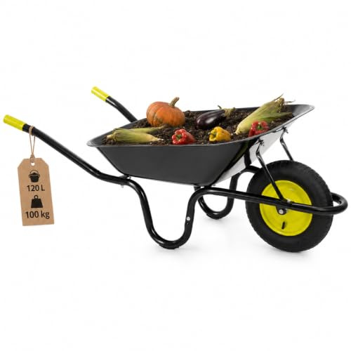 Springos Brouette 120L pour Jardin avec pneus à air et cuve en acier zingué - Chariot de transport jusqu’à 100 kg pour Jardin, BTP, Ferme, Atelier, Noir