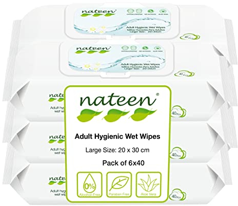 Tendercare Nateen - Wet Wipes - 6 Pack of 40 Wipes - Adult Hygienic Wet Wipes - Thick Soft Wipes - Purified Water & Aloe Vera - Hypoallergenic & Alcohol Free - Non-Flushable