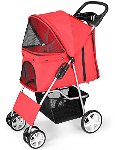 display4top Pet Travel Stroller Dog Cat Pushchair Pram Jogger Buggy With 4 Wheels (Red)