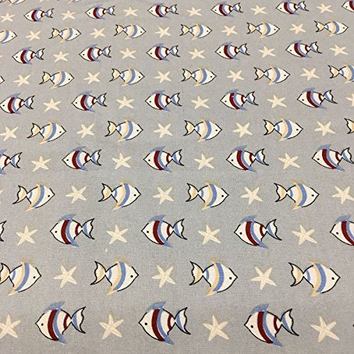 Kt KILOtela - Dekostoff - Modestoff - Baumwollstoff - 150 cm Breite - Meterware ab 0,5 m - Preis gilt für 50 cm | Fisch und Seestern - Blau, Granat