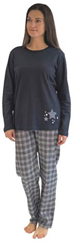 NORMANN-Wäschefabrik Damen Flanell Pyjama Mix & Match - Oberteil mit Sterne Motiv - auch in Übergrößen, 281 201 90 994, Farbe:Marine, Größe2:60/62