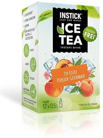 INSTICK Zuckerfreies Instant-Getränk (Eistee Pfirsich) - 1 Packung für 12 x 0,5-1 L- Veganes Getränkepulver Kalorienarm & Vitamin C - Instant-Pulver