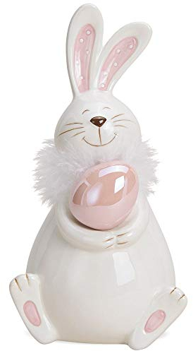 matches21 Süßer Osterhase Hase mit Osterei Keramik weiß rosa Osterdekoration Frühlingsdekoration - 1 STK. 11x10x20 cm