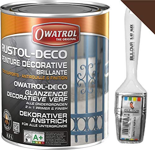 Owatrol DECO Vernice Smalto protettivo, Primer antiruggine, perfetto per Ferro (anche zincato), Legno, PVC, Plastica, Tegole. Finitura Lucida (2,5 Lt, Marrone RAL 8028)