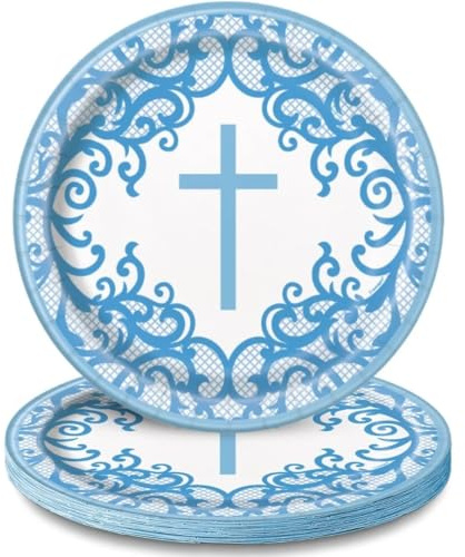 Fancy Blue Cross Round Dinner Plates (22cm) - Elegant & Unique Disposable Tableware - Perfect for Parties, Celebrations, & Special Occasions - 8ct