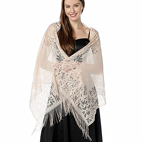 Ladiery Damen Blumen Umschlagtuch Umhang Schal Spitzenschal Schal mit Quasten, weiches Netz Fransen Wraps für Hochzeit, Party