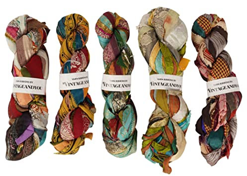 VintageandYou Recycled Pure Silk Cord Ribbon Cording Yarn 100 Grams / Skein, Multicolor