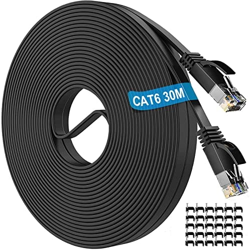 Cable Ethernet 30 Metros, Cable LAN 30m Cat 6 Plano, Cable de Red Alta Velocidad Largo Gigabit 10/100/1000Mbps, Cable Internet de 30 Metros Exterior Interior Cable RJ45 para Switch Modem