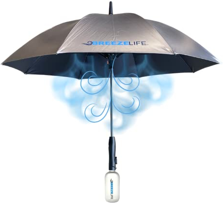 Breeze Life Mister Breeze USB-wiederaufladbarer Sonnenschirm mit eingebautem Ventilator und Sprühnebel für Hitzeschutz, Kühlung, Sommer, Strand, Sport, Golf, Wandern, Festivals und mehr, Gen2, Silber