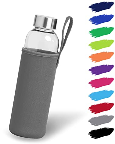 NOMA Botella de cristal de 0,5 l con funda de neopreno, botella de cristal en 500 ml, 600 ml y 1000 ml con funda protectora y tapa de acero inoxidable, botella de agua para deportes, oficina, escuela