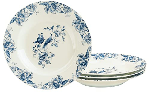 fanquare 20cm Bone China Plato Hondo Set de 4, Platos Hondos con Borde para Ensalada, Pasta, Ramen, Platos de Porcelana Azul con Estampado de Flores
