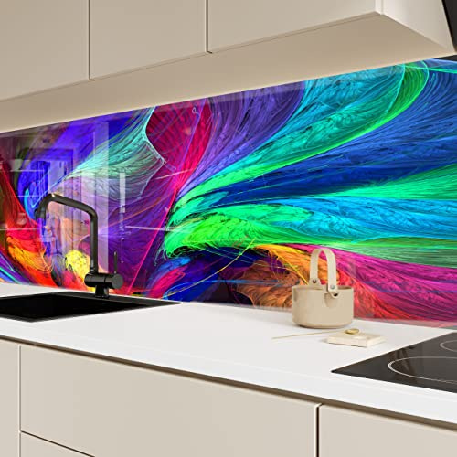 Myphotostation Colorful Neon Tempered Glass Backsplash 23.5Wx12H'' Neon Glow Splashback for Kitchen Decor Bathroom Wall Protector Stove Backsplash Panel Tile Glass Splashback Fractal