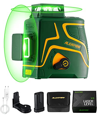 ALEAPOW Kreuzlinienlaser 2x360° Grüne Laserlinie 45m, Grüne Selbstnivellierende 360 Laserlinie, 5200mAh Akku mit Typ-C Ladeanschluss, Manuell & Pulsmodus, mit Magnethalterung, Transporttasche - X8