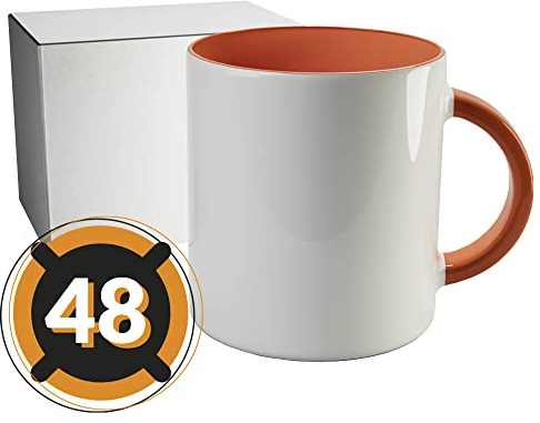 PixColor – 48 tasses de sublimation blanches avec intérieur orange | Boîte individuelle neutre | 350 ml (11 oz) | Catégorie AAA | Passe au micro-ondes et au lave-vaisselle | Compatible avec Cricut