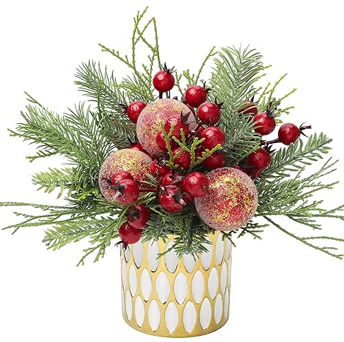 Oairse Small Christmas Tree 25cm Artificial Plant in Gold Ceramic Pots with Red Xmas Baubles and Berry, Mini Xmas Tree Ornaments Christmas Decorations for Home New Year Table Centerpieces
