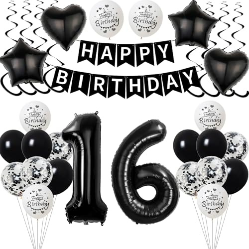 Schwarz Luftballon 16. Geburtstag Dekoration Junge Mädchen，deko 16 Jahre Geburtstag Junge,Geburtstagsdeko 16 Jahre Mädchen Folienballon 16. Ballon 16. Schwarz
