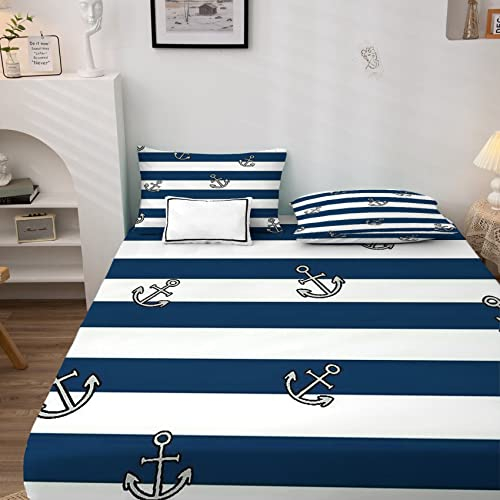 NOGAWA Anker Spannbettlaken 160x200cm, Spannbetttuch Gestreift Muster, Weiche Mikrofaser Boxspringbett Bettlaken geeignet für Matratzen von 30 cm Mit 2 Kopfkissenbezug 80x80 cm