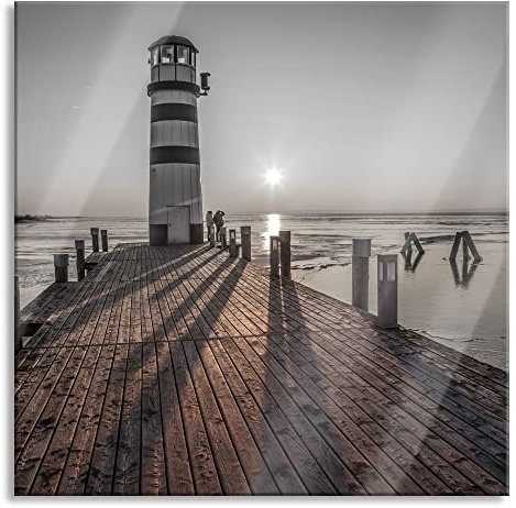 Pixxprint Glasbild, Wandbild auf Echtglas, Leuchtturm am Steg, 80x80 cm, inkl. Aufhängung und Abstandshalter