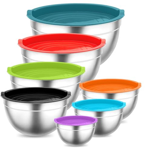 Onader Mixing Bowl Set of 7, Stainless Steel Salad Bowl with Airtight Lid, Stackable and Dishwasher Safe, 6.5 L / 4.5 L / 3 L / 2.5 L / 1.5 L / 1.2 L / 0.7 L - Colourful