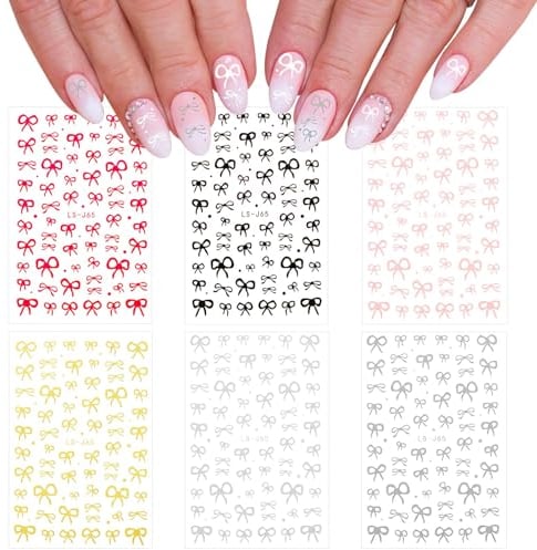 BOXOB 6 Sheets Multicolor 3D Bowknot Stickers for Women, Self-Adhesive Bow Decals for Gel Nail Design Decoration Home Salon