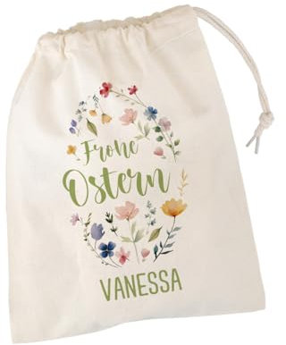 Herz & Heim® Geschenksack zu Ostern 14 cm x 20 cm (B/H) personalisiert mit Wunschnamen (Frohe Ostern Blumenkranz)