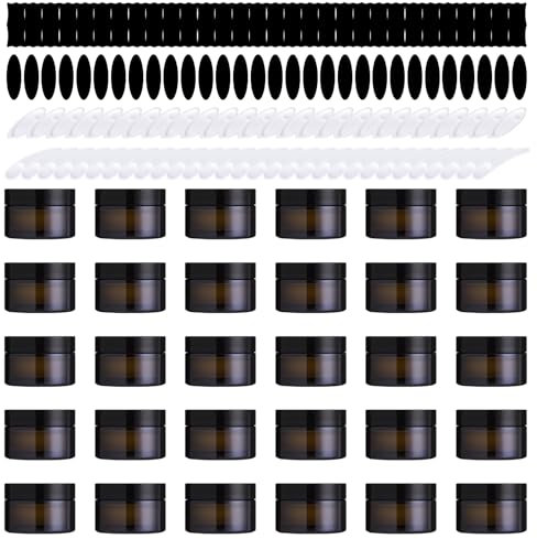Yauhar 120Pcs 30g Amber Glass Jars Assortment Kit with Inner Liners and Black Lids, Spoons and blank labels for Storing Lip and Body Scrub, Lotion, Body Butter, Bath Salts