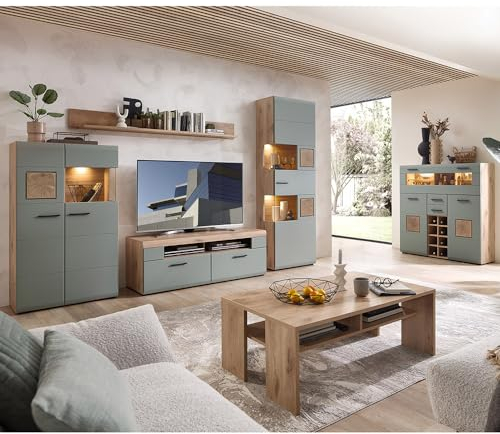 Lomadox Wohnwand Wohnmöbel Set Eiche mit Schilfgrün 6-teilig Modern, 1 Highboard, 1 Wandboard, 1 Lowboard, 1 Vitrine, 1 Couchtisch, 1 Barschrank inkl. Beleuchtung