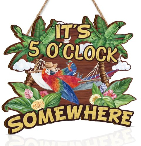 TOARTi Bar Signs for Home-It's 5 O'Clock Somewhere Art Decor Signs,10x11inch Retro Sign for Outdoor Indoor,Funny Bar Wood Plaque Sign Beach Garden Farmhouses Gate Wall Art,Hawaiian Aloha Wall Decor
