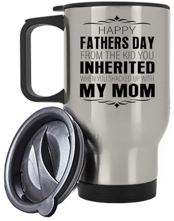 Happy Fathers Day from The Kid You Inherited, New Dad Gift, Insulated Travel Mug, Tea, Coffee Mug. (Silver)