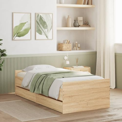 Homgoday Bett mit Schubladen Stauraumbett Bettgestell Holzbett Bett Einzelbett Doppelbett Bettrahmen mit Lattenrost Schubladenbett Schlafzimmer| ohne Kopfteil Sonoma-Eiche 100x200 cm