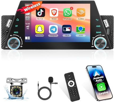 Radio de Coche 1 DIN con CarPlay inalámbrico/Android Auto, Reproductor Multimedia Bluetooth Podofo de 5 Pulgadas con Control de Voz/FM/TF/USB/AUX/SWC+Control Remoto+cámara de Marcha atrás 12 LED