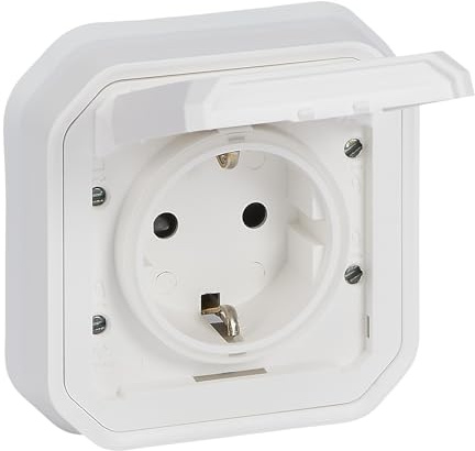 LEGRAND, Plexo New Aufsatz für Feuchtraum-Steckdose, Schuko-Standard, inklusive Klappdeckel, Berührungsschutz, Installation mit Schraubklemmen, 16 Ampere, 250 Volt, IP44 - IK07, Farbe: Weiß, 069869L