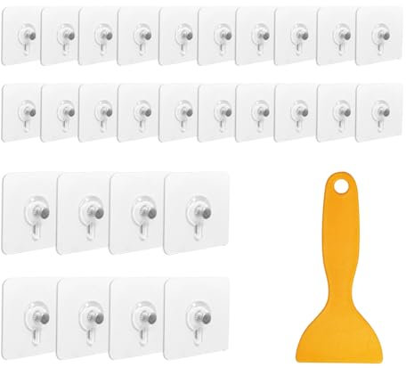 28Pcs Self-Adhesive Picture Sticky Hooks Set, Transparent Waterproof Picture Hanging No Nail, Punch Free Wall-Mounted Screw Hooks Removable, Heavy Duty Picture Hangers with Scraper for Frame Mirror