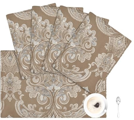 Loom and Mill Luxuriöse Tischsets, 4er-Set, doppellagig, Jacquard, Blumenmuster, Esstischmatten für Küche, Zimmer, Tisch, Party, Bankett, Erntedankfest, Weihnachtsdekorationen (Hellkaffee, 4 Stück,