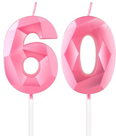 Perle rosa Kerzen zum 60th Geburtstag, 3D rosa Zahl 60 Kerze für Kuchen, Frauen Männer 60th Geburtstag Dekorationen, rosa Kuchendekorationen, rosa Kerze Kuchen für Geburtstagsfeier Hochzeitstag