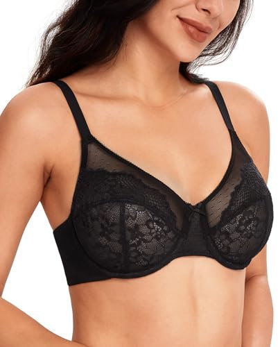 Lemorosy Women's Full Coverage Minimizer Bra Unpadded Underwire Breathable Lace Everyday Underwear(Black,34E)