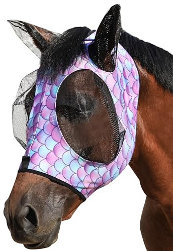 Harrison Howard Stretch-Fliegenmaske mit Vorderlock-Öffnung und Mustern, bequem, atmungsaktiv, eng anliegend, Fliegenmaske für Pferde, Fischschuppen, Größe M