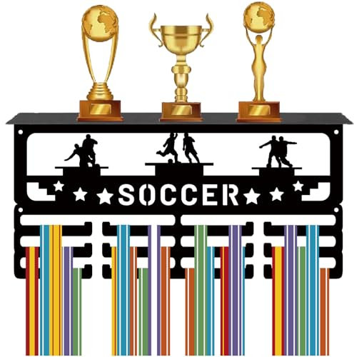 CREATCABIN Espositore Medaglie Calcio Espositore Trofei Porta Medaglie Calcio Supporto Ripiano 4 in Metallo Appendere Parete Contenere 70+ medaglie Corsa Porta Medaglie Competizione Nero 40x20cm