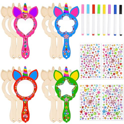 Einhorn Spiegel Holz, 24 Pcs Einhorn Bastelset, Holzspiegel Zum Bemalen, Kinder DIY Handwerk Kinderspiegel, Einhorn Deko Kindergeburtstag, Einhorn Geschenke Für Mädchen