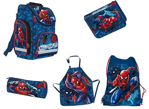 St. Majewski Spider-Man Schulranzen Set 5teilig - Schüleretui 1Zip ungefüllt, Faulenzeretui, Schuhbeutel und Kinderschürze