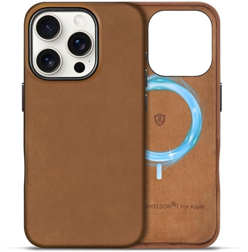 SHIELDON Lederhülle für iPhone 16 Pro 6,3, Schutzhülle [Crazy Horse Leder] [Magnet Kabelloses Laden] [Einfach Aussehen] [Kratzfest] Handyhülle Kompatibel mit iPhone 16 Pro 5G 2024 Braun