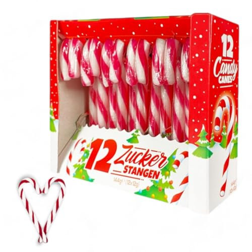 Candy Canes Zuckerstangen Erdbeer Geschmack einzeln verpackt (12x12g) 144g | Weihnachten wird bunt und süß | Ideal zum Dekorieren Tannenbaum und zum Naschen!