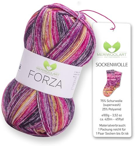 MeriWoolArt® Sockenwolle 4-fädig – 100g Merino Wolle Garn zum Stricken & Häkeln, 75% Schurwolle (superwash), 25% Polyamid, 420m – Ideal für Socken für Herren und Damen, Pullover & Cardigans 2608